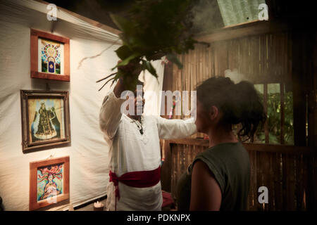 Black magic Brujos or witch doctors, in Catemaco, Veracruz.  Surrounded by dried animals, candles and other objects of black witch craft in Catemaco, Mexico. Stock Photo