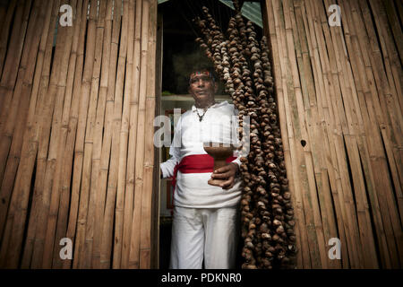 Black magic Brujos or witch doctors, in Catemaco, Veracruz.  Surrounded by dried animals, candles and other objects of black witch craft in Catemaco, Mexico. Stock Photo