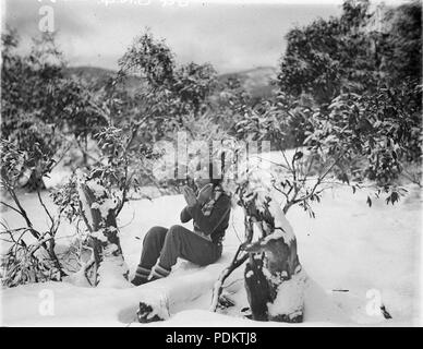 9 A woman skier making up her face amid the snow gums, c. 1930s, by Sam Hood Stock Photo