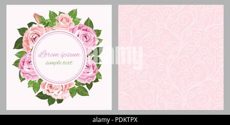 Floral vector wedding invitations with pink and beige roses wreath and round frame on the white background. Flower design for greeting card and envelo Stock Vector