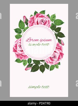 Vector wedding invitation or greeting card with tender pink roses wreath and round frame for text Stock Vector