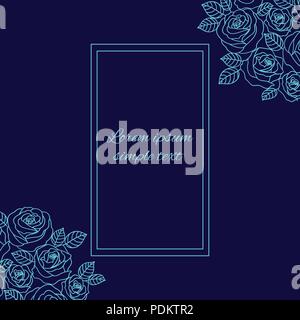 Wedding invitations with vector pale blue outline roses wreath and rectangular frame on the navy blue background. Floral design for greeting card, cop Stock Vector