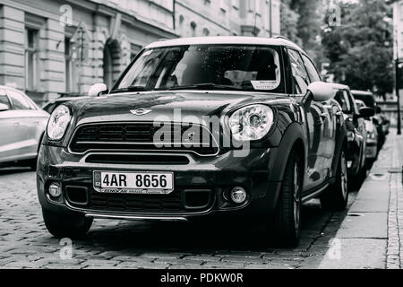 Prague, Czech Republic - September 24, 2017: Black Mini Cooper Countryman S All4 Sd Car With 2.0 Litre Turbodiesel Engine Parked In Street. Car Of Sec Stock Photo