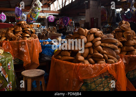 Full baskets of traditional bread in San Marcos, Guatemala. Stock Photo