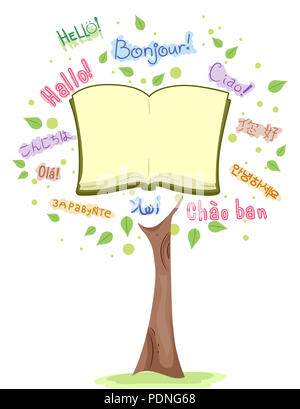 Illustration of the Word Hello in Different Languages with an Open Blank Book Stock Photo