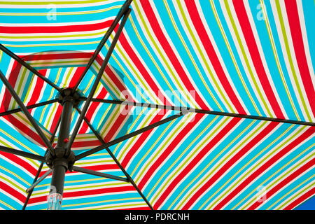 Colourful striped beach umbrella.  Closeup of colorful striped pattern on patio umbrella. Stock Photo