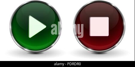 Play and Stop buttons. Green and red 3d icons with shadow, isolated on white background Stock Vector