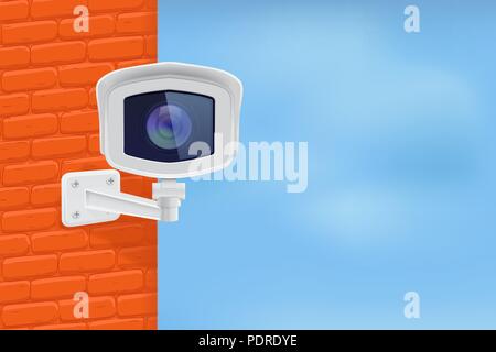 Security camera on red brick wall. With blue sky Stock Vector