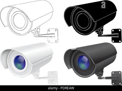 Security CCTV camera. Outline drawing, black silhouette and 3d model Stock Vector