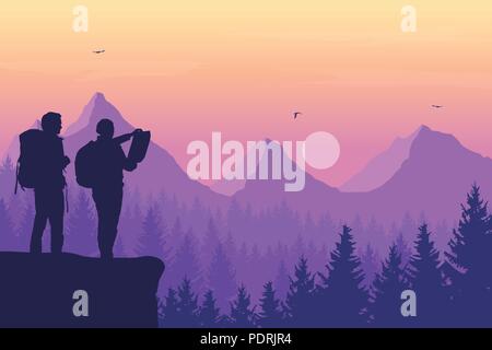 Two tourists, man and woman with backpacks standing and looking in a map on rock over mountain landscape with coniferous forest under purple sky with  Stock Vector