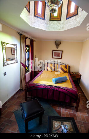 View of loft bedroom at private riad in Marrakech old town, Morocco Stock Photo