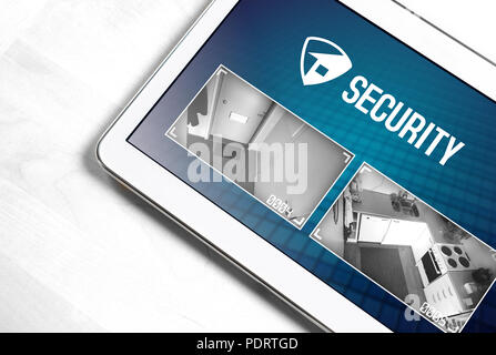 Home security system and application in tablet. Protection and surveillance camera live footage inside a house or apartment. Smart cctv and safety app Stock Photo