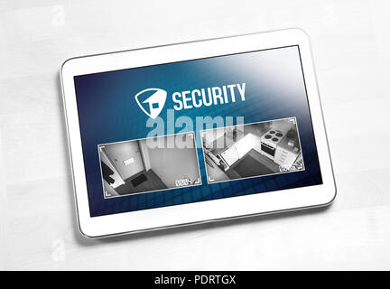 Home security system and application in tablet. Protection and surveillance camera live footage inside a house or apartment. Smart cctv and safety app Stock Photo