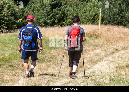 Seniors couple nordic walking outdoors, keeping fitness, on mountain trail, Velka Javorina, Czech Slovakian border, healthy lifestyle senior Hikers Stock Photo
