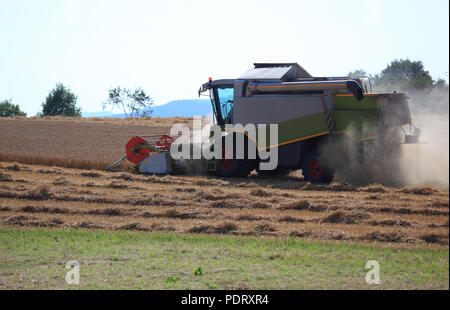 Mähdrescher bei der Weizenernte auf einem trockenen staubigen Feld Stock Photo