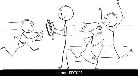 Cartoon of Confident Man Walking Slowly and Reading With People Hurrying in Stress Around Stock Vector