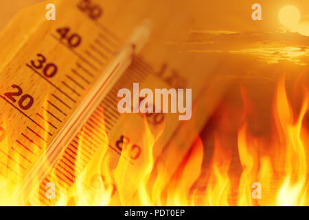 global warming climate change sign high temperature thermometer fire concept Stock Photo