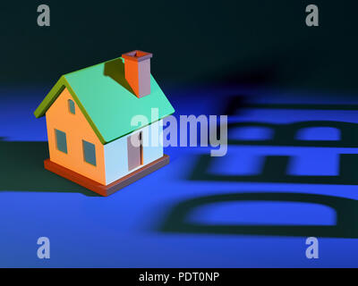 Abstract Miniature House And Debt Text Shadow. 3d rendering. Stock Photo