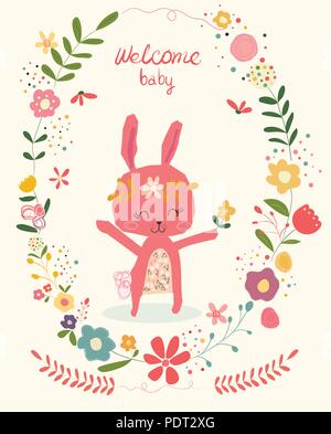 doodle cute pink bunny in flower wreath  frame baby shower card Stock Vector