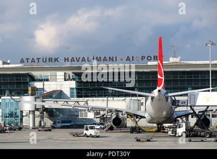 Turkey: Istanbul.  Istanbul Ataturk Airport in the district of Yesilkoy. Airplane belonging to Turkish Airlines on the tarmac Stock Photo