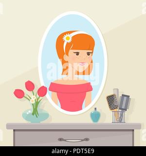 Red-haired young girl looks in the mirror. Vector flat  illustra Stock Vector