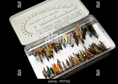 The Wheatley-Kilroy Patent Fly Box containing a selection of salmon and  seatrout flies with a size gauge on the inside lid. From a collection of  vinta Stock Photo - Alamy