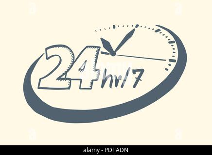 24 hours 7 day clock drawn style. Vector illustration. Stock Vector
