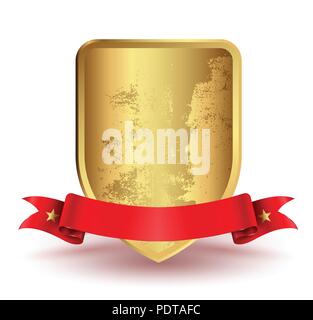 Badge shield with red ribbon. Vector illustration for sale banner quality and award. Stock Vector