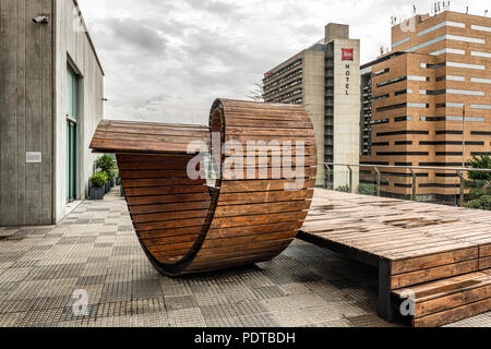 Medellin, Colombia - March 29, 2018: Futuristic wooden composition on the terrace in the Museum of modern art building in Medellin, Colombia. Stock Photo