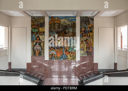 Medellin, Colombia - March 29, 2018: Paintings at the main entrance to Antioquia Museum on Botero Plaza in Medellin, Colombia. Stock Photo