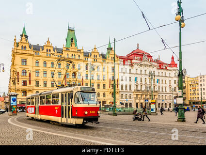 Prague, Czech Republic  - January 15,2015: One of the symbol of Prague; a tram - street car turning in Old Town  (Stare Mesto) by Prague Namesti Repub Stock Photo