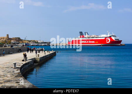 Scalue (port) and Corsica Linea ferry 'Monte d'Oro', L'Île-Rousse, Corsica, France Stock Photo