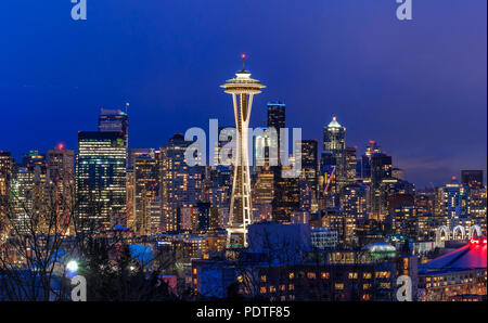 Seattle, WA - February 26, 2017: Seattle skyline panorama with the Seattle Space Needle at sunset view from Kerry Park in Stock Photo