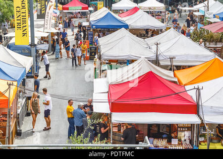 London, UK - August 7, 2018 - Colourful marquee stalls in Southbank Centre food market, offering a great range of street food Stock Photo