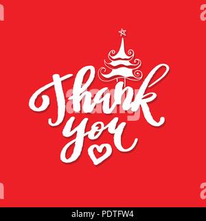 Thank you lettering with Christmas tree on red background. Vector illustration. Stock Vector