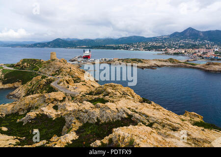 View from Île de la Pietra (Pietra Island) towards L'Île-Rousse, Corsica, France Stock Photo