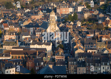 A view over Honfleur from the panorama on the Cote de Grace above the town showing St' Leonard's Church Stock Photo