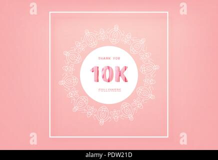 10K followers thank you post with decoration. 10000 subscribers horizontal vintage pink banner with round decorative frame. Greeting card for social n Stock Vector