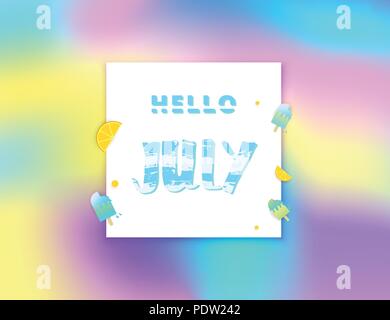 Hello July banner with gradient background. Handwritten lettering with decor. Vector illustration. Stock Vector
