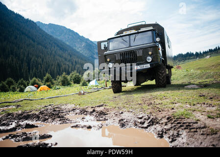 Russian military trucks  in Kyrgyz mountains Stock Photo