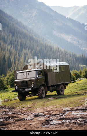 Russian military trucks  in Kyrgyz mountains Stock Photo