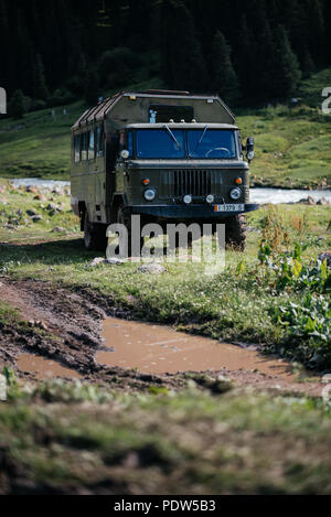 Russian military trucks  in Kyrgyz mountains Stock Photo