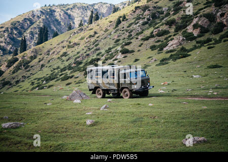 Russian military trucks  in Kyrgyz mountains Stock Photo