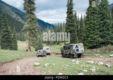 Russian military trucks  in Kyrgyz mountains Stock Photo