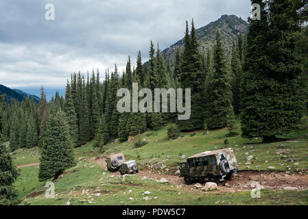 Russian military trucks  in Kyrgyz mountains Stock Photo