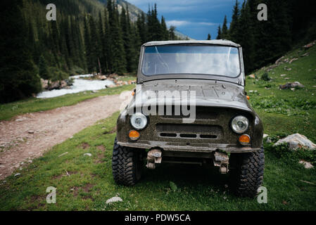 Russian military trucks  in Kyrgyz mountains Stock Photo