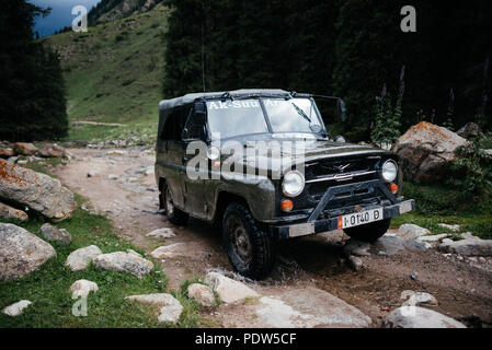 Russian military trucks  in Kyrgyz mountains Stock Photo