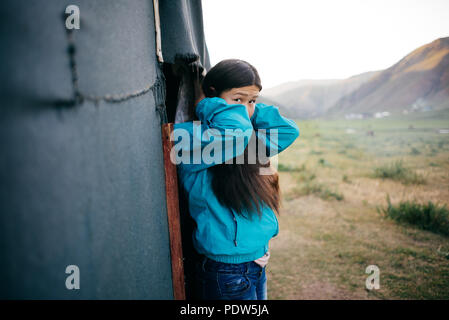Young woman portrait in Kyrgyzstan yurt camp Stock Photo