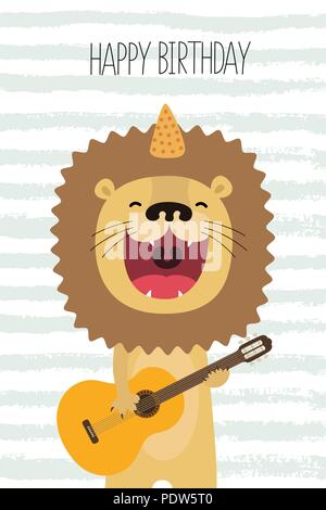 Cute lion sings and plays guitar birthday card Stock Vector