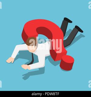 Flat 3d isometric businessman crushed by question mark sign. Business problem concept. Stock Vector